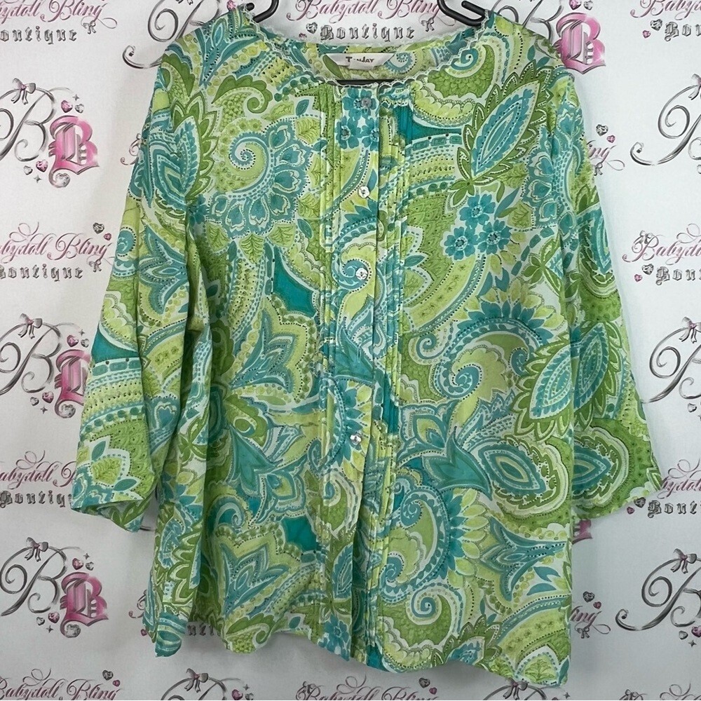 TanJay blouse long sleeve lace trim detail white Green and Blue Paisley Blouse